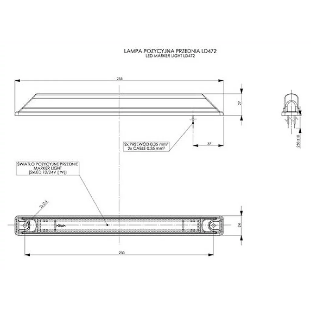 Hvitt markeringslys, 255x24x27mm 12 24V